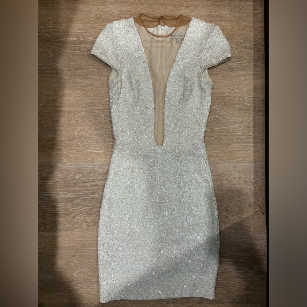 Dress the Population White Sequin Mini Cocktail Dress with Nude Mesh - Picture 6 of 8